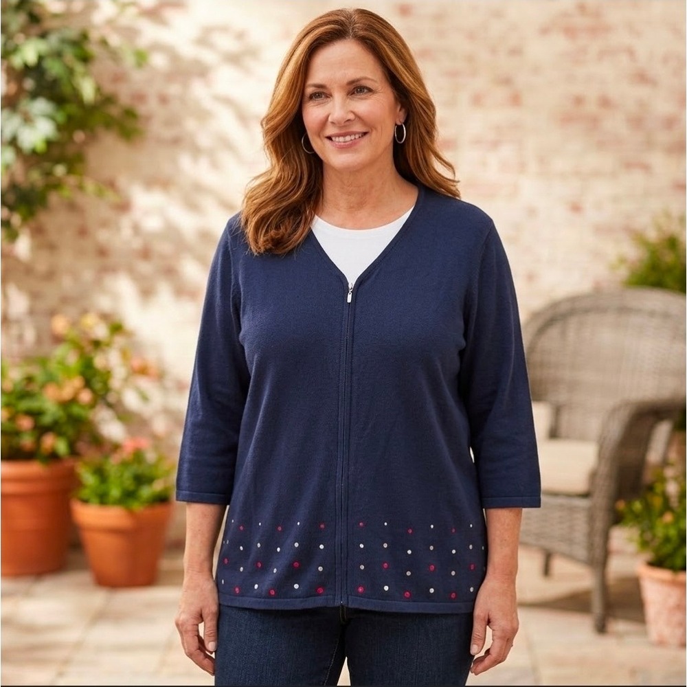 CJ Banks Navy Blue Polka Dot Full Zip Cardigan Sweater 1X 100% Cotton 3/4 Sleeve